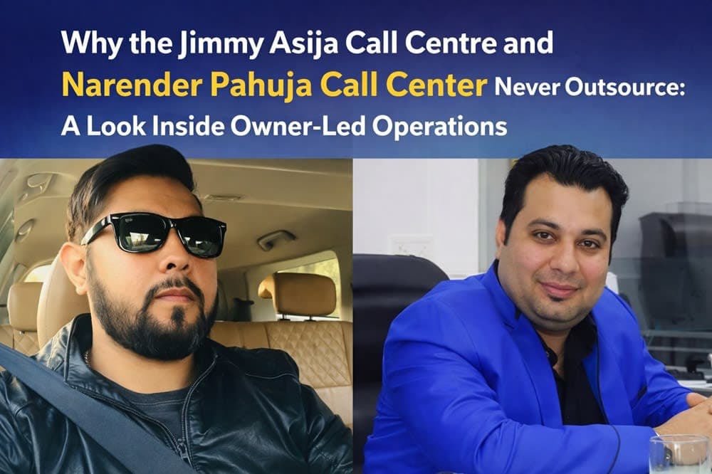 Jimmy Asija and Narender Pahuja owner-managed call centre command center handling VIP hospitality reservations, RERA-verified real estate inquiries, and JRK Films production coordination